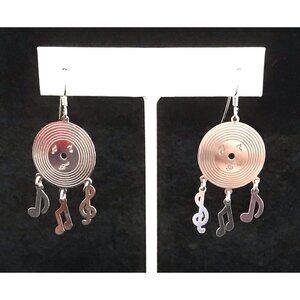Vinyl Record Earrings 925 Sterling Silver Music Notes Dangle Vintage Rock & Roll